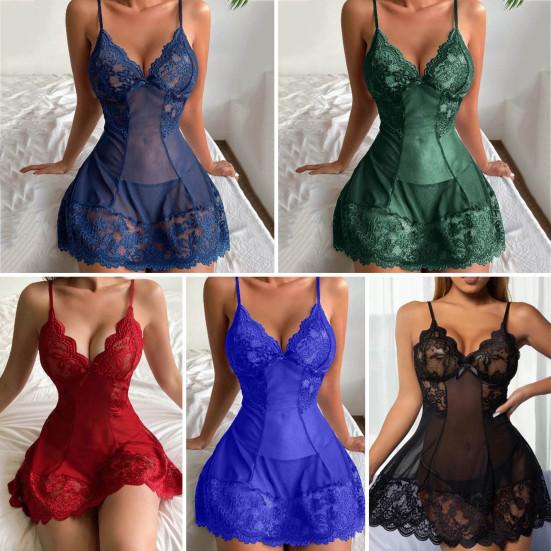 Sommer-Nachthemd für Damen, V-Ausschnitt, Spitze, Patchwork, Spaghettiträger, rückenfrei, ärmellos, schmale Passform, über dem Knie, dünn, Nachtwäsche-Kleid