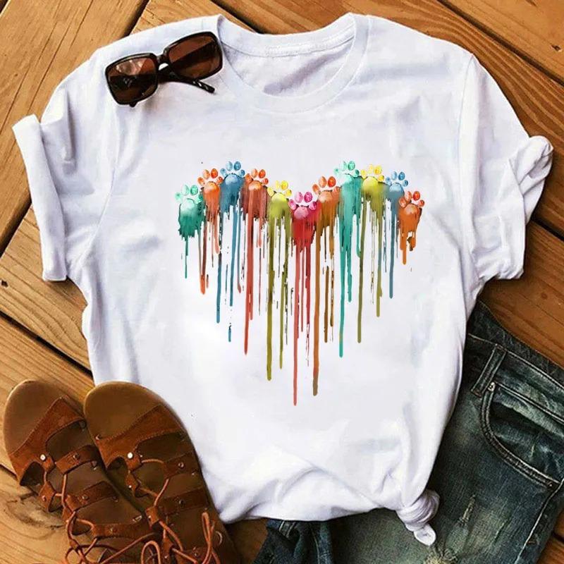 Womens CartoonTshirt Colorful Heart AndDog Paw Print Tshirt Womens Summer Tshirt 90s Girl ShortSleeve Tshirt Black Tshirt