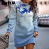 Autumn Winter Women's Print Color Contrast Crewneck Hoodie Dress