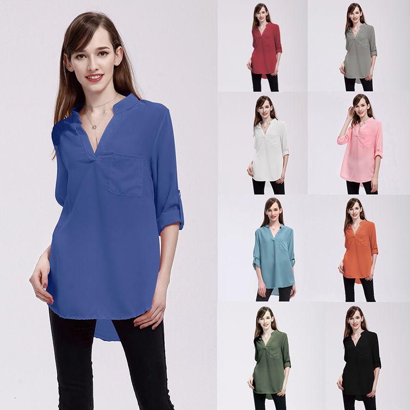 Stylish Chiffon Blouses For Women Loose Fit V-neck Shirts With Long Sleeves Perfect For Office And Casual Wear In Spring