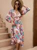 Real Spot European and American Multi-color Irregular Geometric Printing Deep V Waist Lantern Long Sleeve Big Pendulum Dress