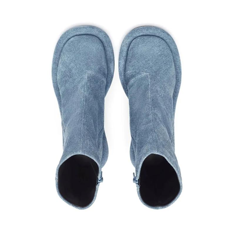 Nueva Moda Tacón de Aguja Retro Marca Europea y Americana Cremallera Lateral Botines Cortos de Mezclilla Zapatos de Plataforma Zapatos Para Mujer