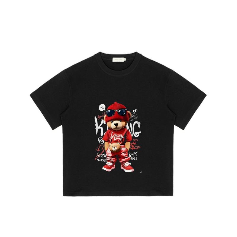 Black T Shirt with Bear Cartoon Print and King Text for Casual Wear