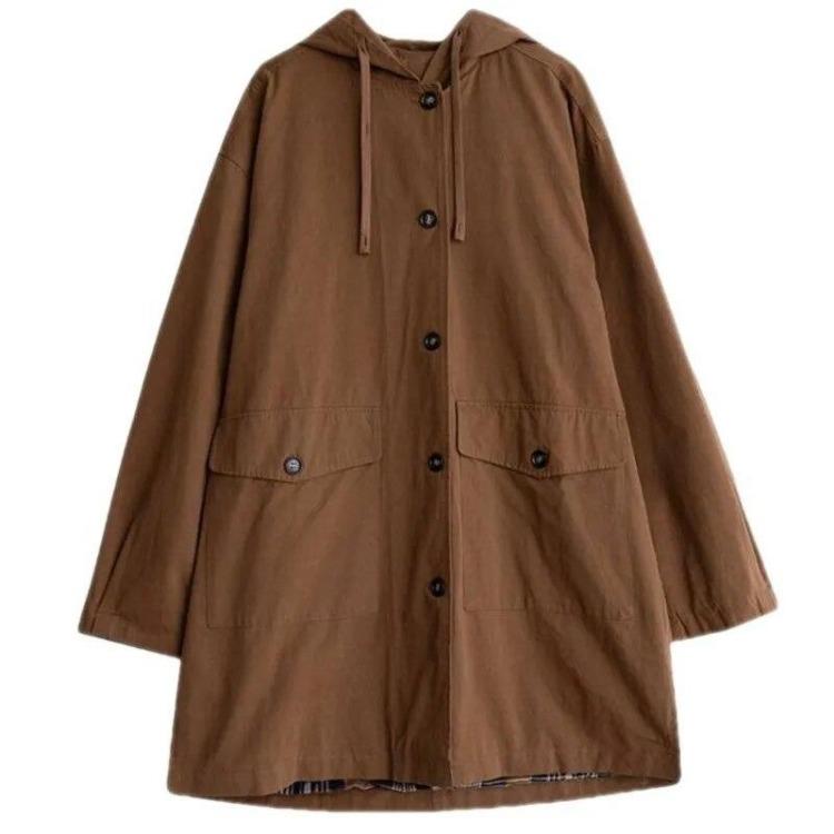 Korean Vintage Hooded Coat for Women Autumn Casual Loose Single Breasted Long Sleeves Solid Color Pocket Coat Johnature