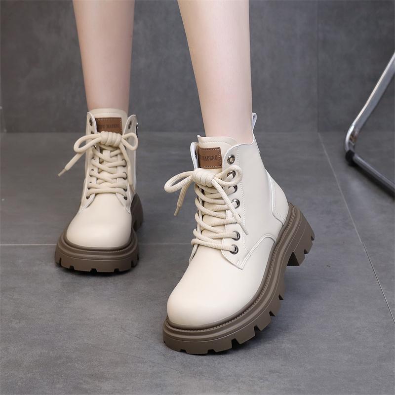 Dames Britse Stijl 2025 Leer Dikke Zool Martin Boots - Hoogteverhogende, Slankmakende Korte Laarzen voor Lente en Herfst.
