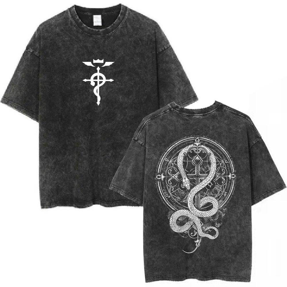 Vintage Washed Anime Fullmetal Alchemist Edward Elric Alphonse Elric TShirt Men Women Fashion Casual Cotton Oversized Tshirts