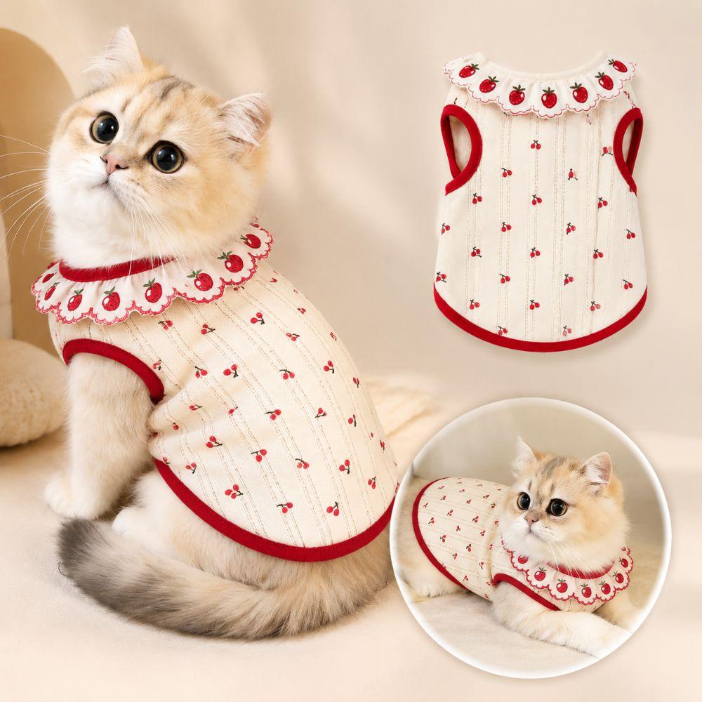 Cherry Pattern Cat Flower Edge Vest Sweet Pet Shirt Cute Cat Pullover  Pet Clothing