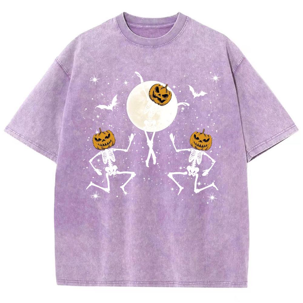 Halloween Pumpkin Skull Print Women's Wash T-Shirt Oversized Couple Short Sleeve Funny Design Top