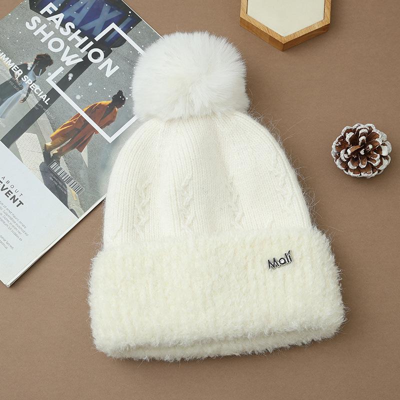 Sweet and Versatile Mali Knitted Wool Hat Autumn and Winter Casual Plus Velvet Thickened Windproof and Warm Hat Cute Wool Ball Hat
