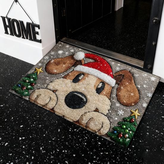 Artificial Fur Floor Mat Cartoon Deer Dog Pattern Christmas Themed Non-slip Rug Living Room Bedroom Kitchen Decor