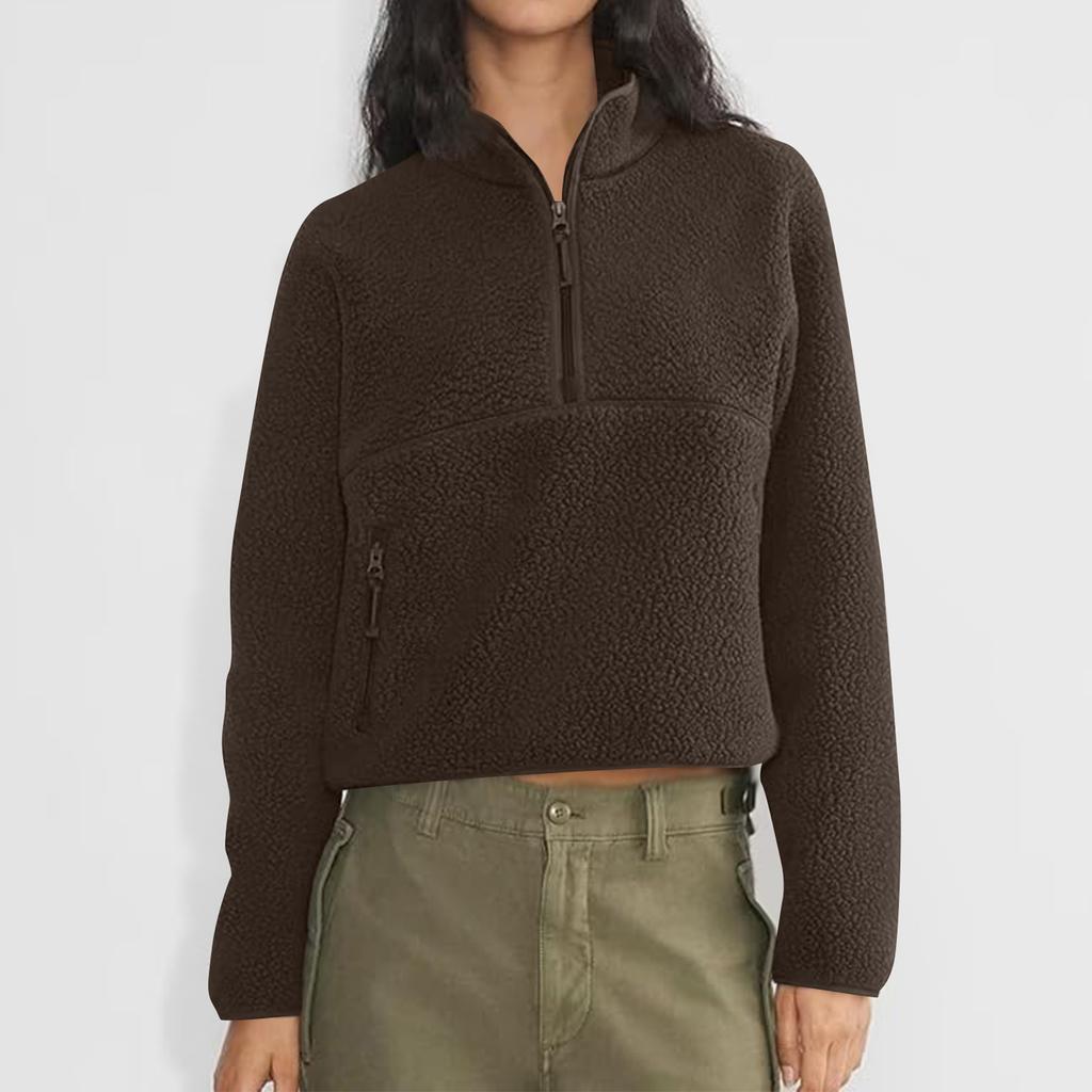 Women's Short Half-Zip Fleece Sweatshirt Plush Warm Cardigan