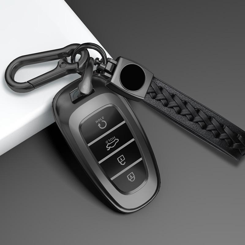 Titanium Gray For Hyundai Tucson Solaris Sonata Hybrid Nexo Nx4 Santafe Dn8 4 Button Remote Car Key Case Cover Holder Keychain