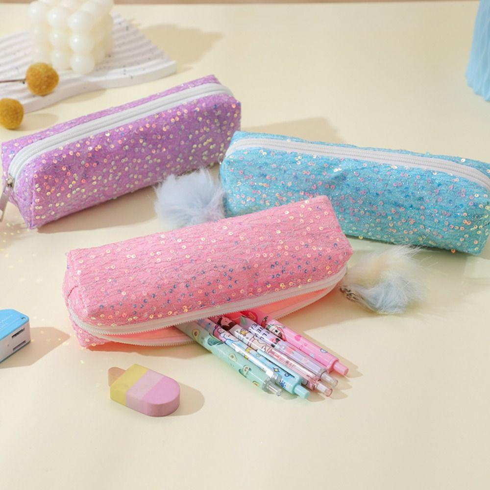 Large Capacity Sparkle Pen Bag Glitter Pencil Storage Case Portable Cosmetic Organizer Stationery