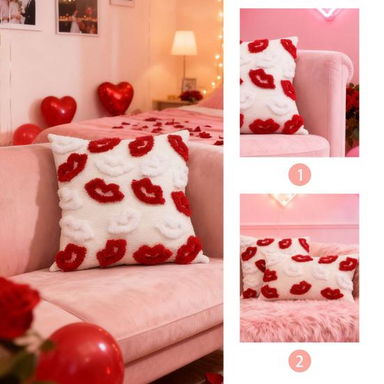 Valentine's Day Cushion Cover Red Plush Lips Pattern Throw Pillow Cover Soft Decorative Pillow Case for Sofa Bed Home Anniversary Decor