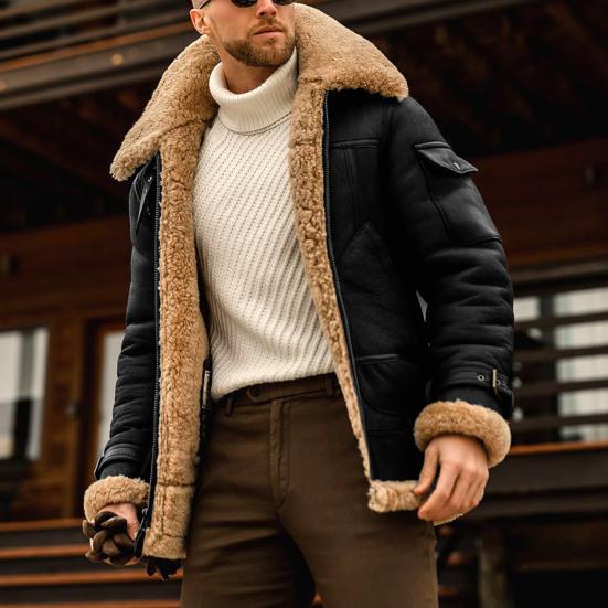 Herrenjacke Kontrastfarbe Patchwork Plüschfutter Umlegekragen Reißverschluss Kältefest Winter