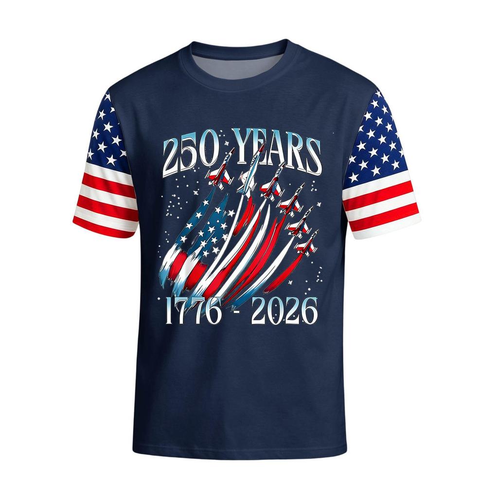 Herren T-Shirt mit Rundhalsausschnitt und kurzen Ärmeln mit aufgedrucktem Grafikmuster 250 Jahre 1776 2026 Flugzeuge und Flaggenmuster Lässiges Passform Oberteil