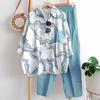Women's Stripe Two Piece Outfit Long Sleeve Lapel Button Down Shirt Blouse And Pants Set Summer Casual Tracksuit