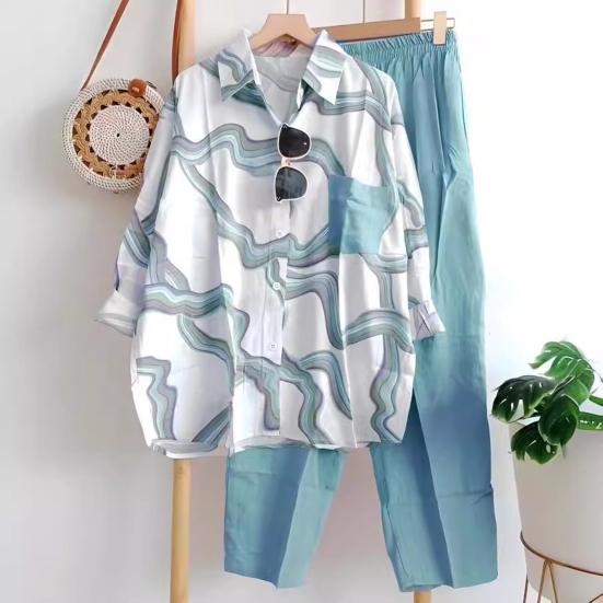 Women's Stripe Two Piece Outfit Long Sleeve Lapel Button Down Shirt Blouse And Pants Set Summer Casual Tracksuit