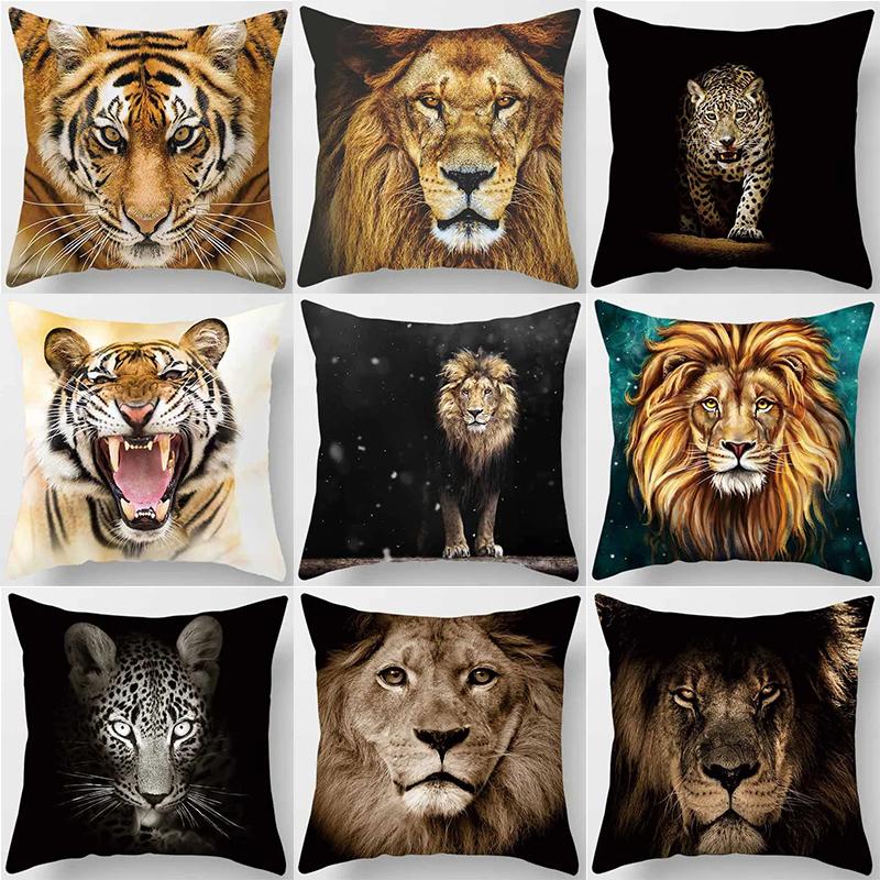 Kissenbezug mit Tiermotiv, Tiger und Löwe, Druckmuster, für Wohnzimmer, Sofa, Schlafzimmer, Nachttisch, Heimdekoration, 45 x 45 cm