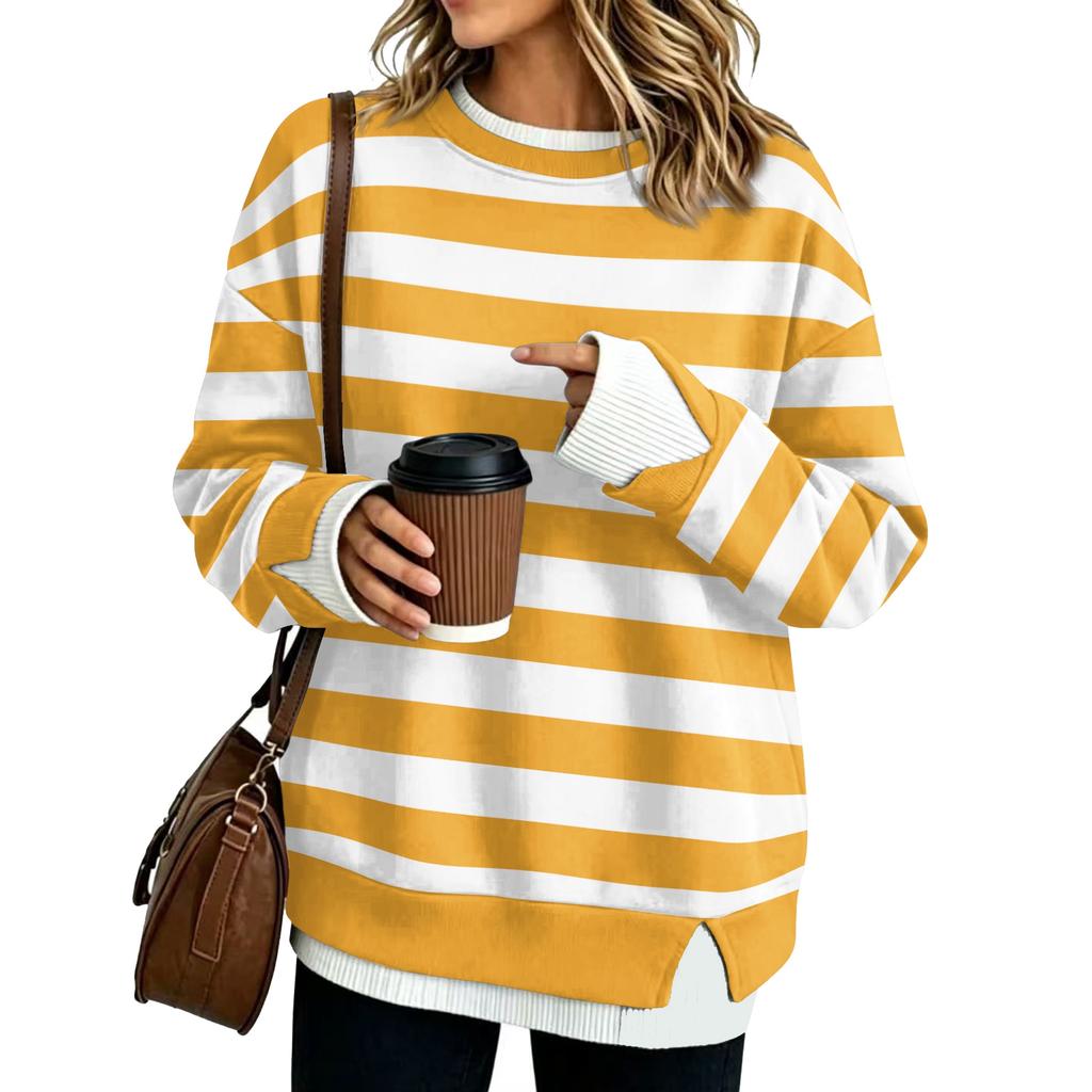 Women's Fashion Casual Striped Long Sleeve Sweatshirt Two-Piece Loose Fit Pullover Top