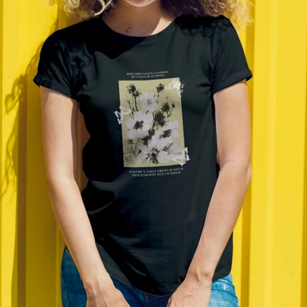 Artistic Womens Short Sleeve T Shirt Nature Poem Design with Flower Illustration and Literary Quote Graphics for an Elegant Look