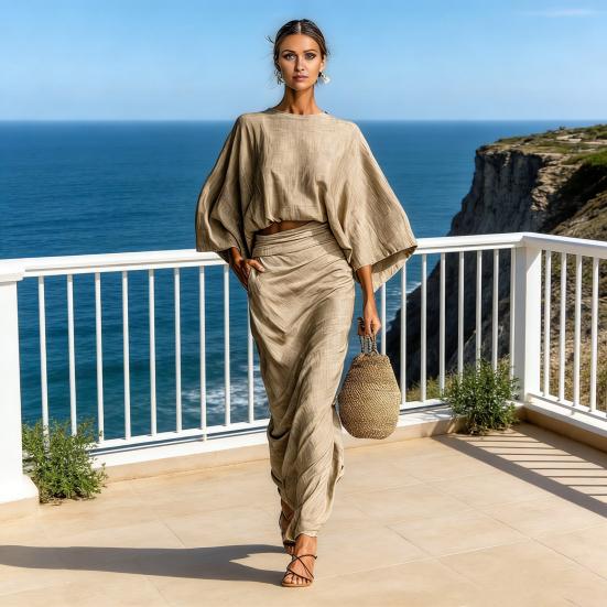 Summer 2 Piece Skirt Sets for Women Batwing Long Sleeve Top And High Waist Ruched Maxi Skirt Matching Set Summer Vacation