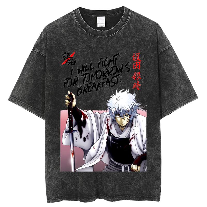 Japanese Anime Gintama T-shirt Sakata Gintoki Graphic Vintage Washed Oversized T Shirt Men's Clothing Polyester Short Sleeve Tees