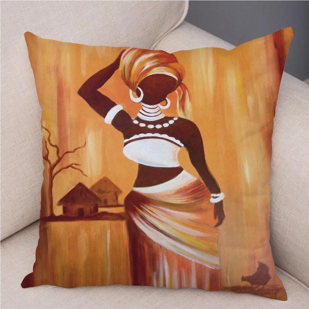 African Woman Soft Plush Cushion Cover for Sofa Home Decor Orange Abstract Painting Pillow Case Africa Life Collection Pillowcae