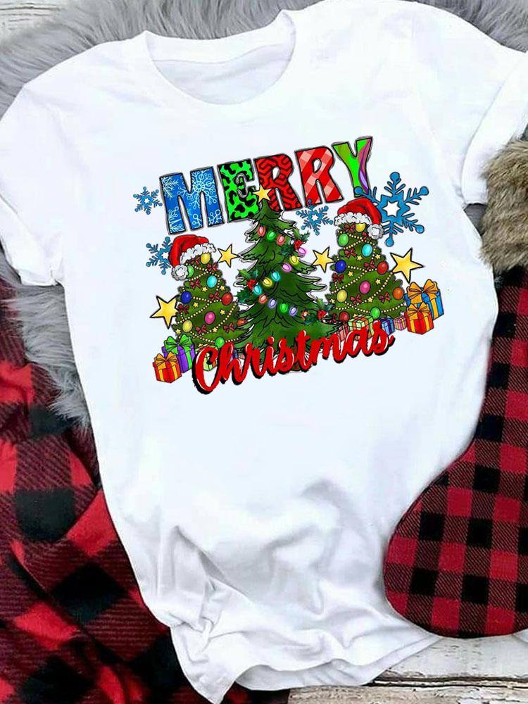 (Asian Size) Sweet Lovely 90s Merry Christmas Tee Top Festival New Year Holiday Casual Lady Short Sleeve Fashion Women Print Graphic T-shirts