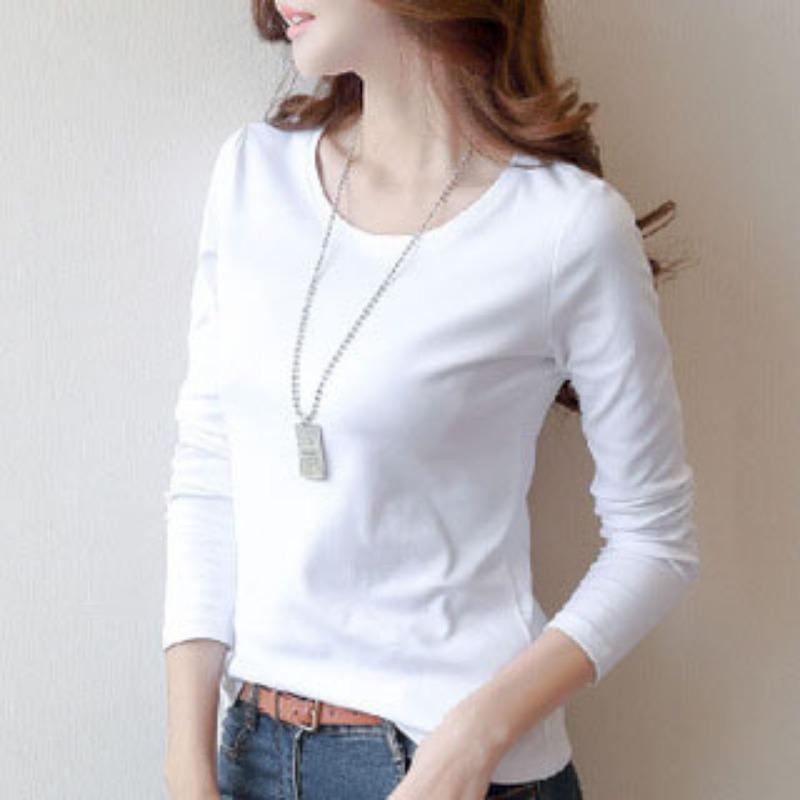 Dames T-shirt met ronde hals, effen kleur en lange mouwen
