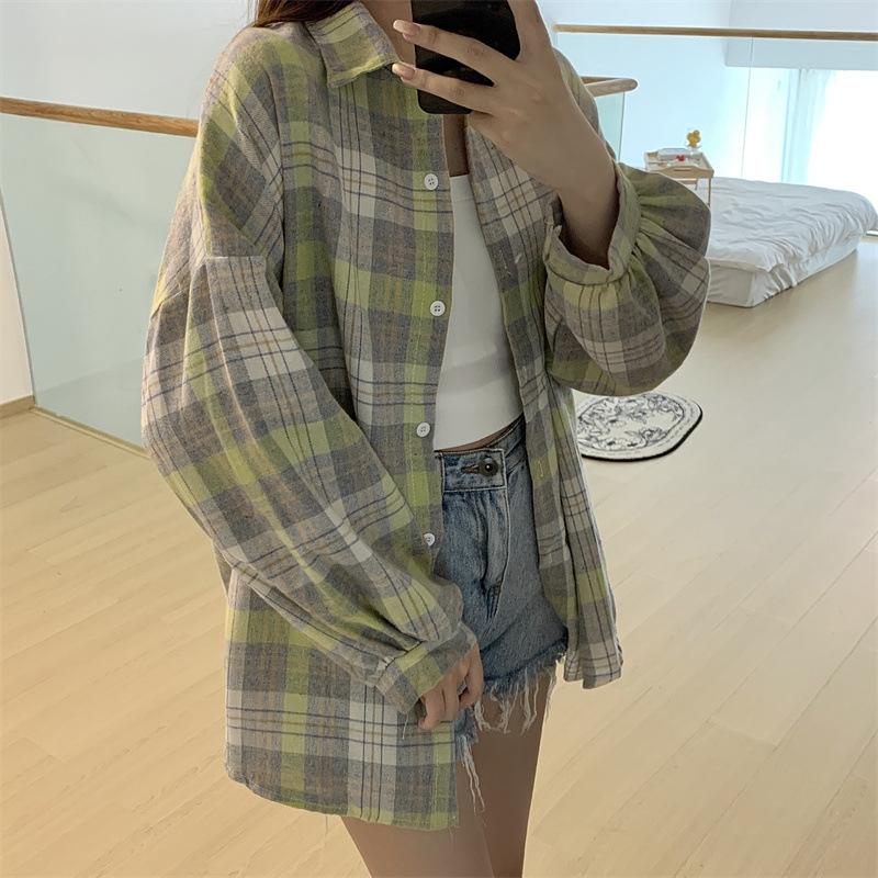 Kariertes Hemd Damen Herbst Langarm Top Weiblich Vintage Mode Einreiher Bluse Damen Preppy Style Lose Karierte Hemden