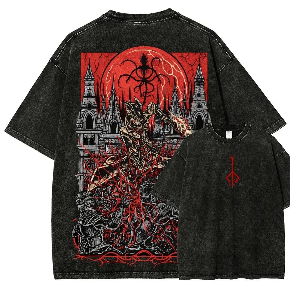 Bloodborne Hunter Blood Moon Vintage Washed T-Shirt, Unisex Soulsborne Game Fan Streetwear Tee, 100% Cotton Casual Short Sleeve Top