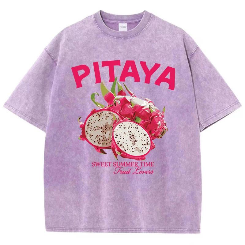 Vintage Damen Washed T-Shirts Frischer Pitaya-Druck Tees Rundhalsausschnitt Distressed Baumwolle Oversize Kurzarm Damenkleidung