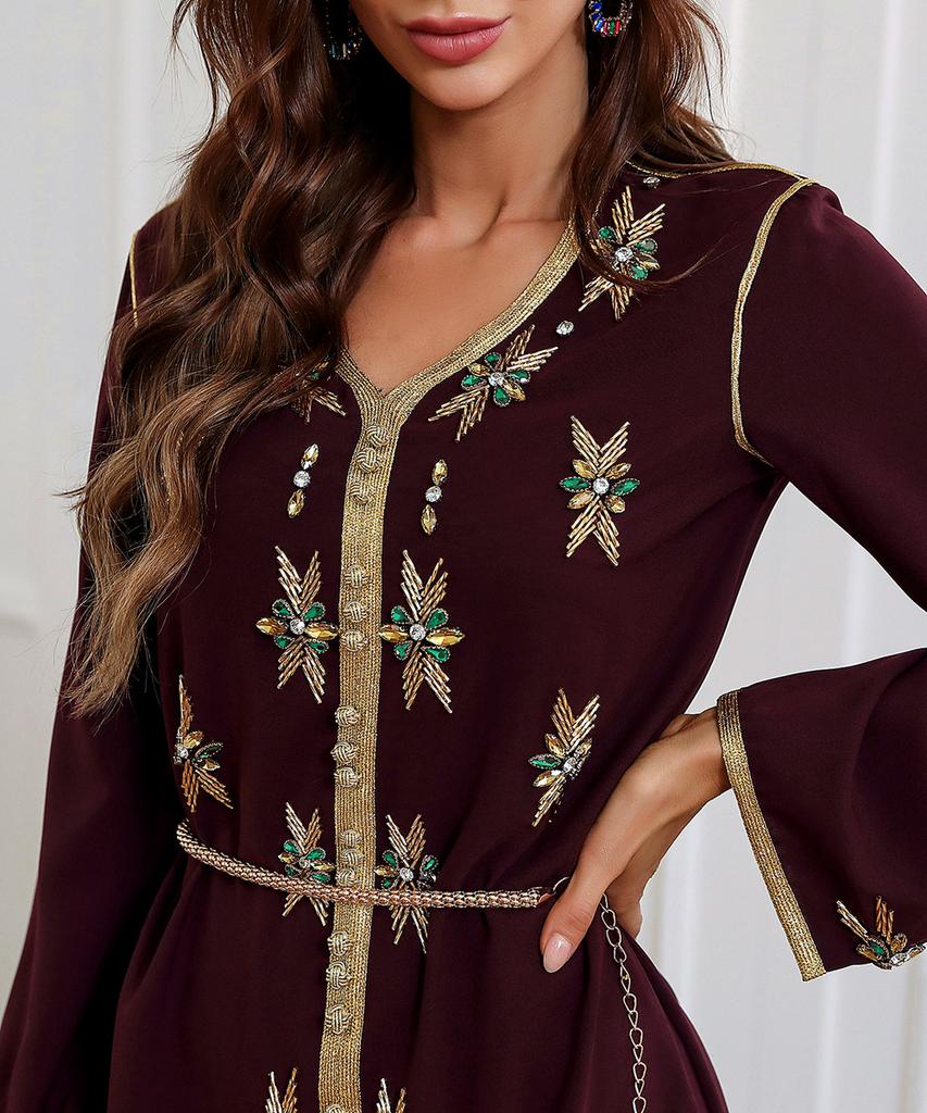 Solid Color Heavy Industry Rhinestone Luxury Muslim Dress Dubai Ramadan Long Sleeve Dress Abaya