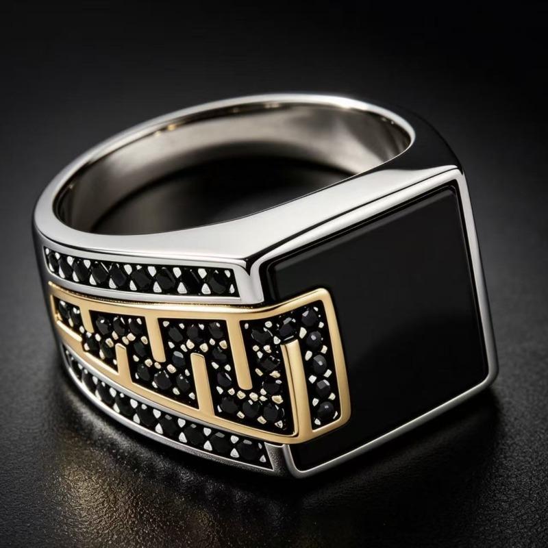 Luxury Classic Square Men's Ring, Electroplated Two-color Oil Drop Black Diamond Retro Versatile Striped Men's Ring New