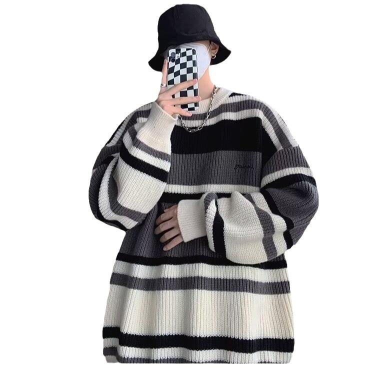 Japanische Retro-Strickware mit Streifen: Unisex Herbst/Winter Lockerer Pullover