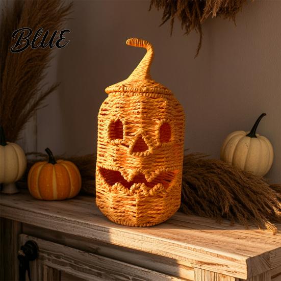 Handmade Woven Pumpkin Storage Handwoven Lantern Vintage Rustic Halloween Decor Hollow Smile Tiered Party Setting Accessories Face Jar with
