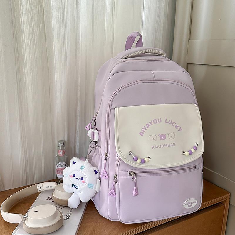 High School Girl Nylon Backpack With Letter Bear Print Bead Decoration For Daily Use
