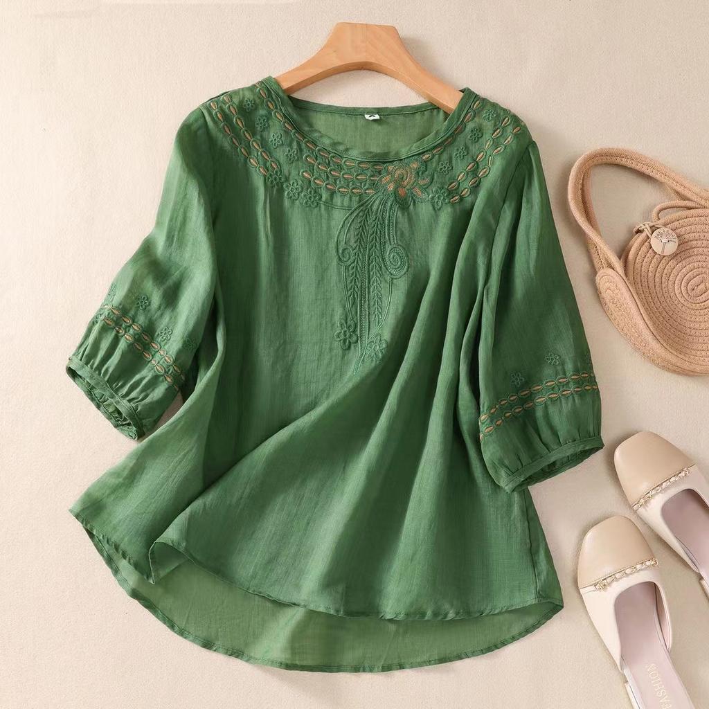 Women Summer Vintage Cotton Linen Embroidery Shirts Oversized Loose Round Neck Tops T-shirts
