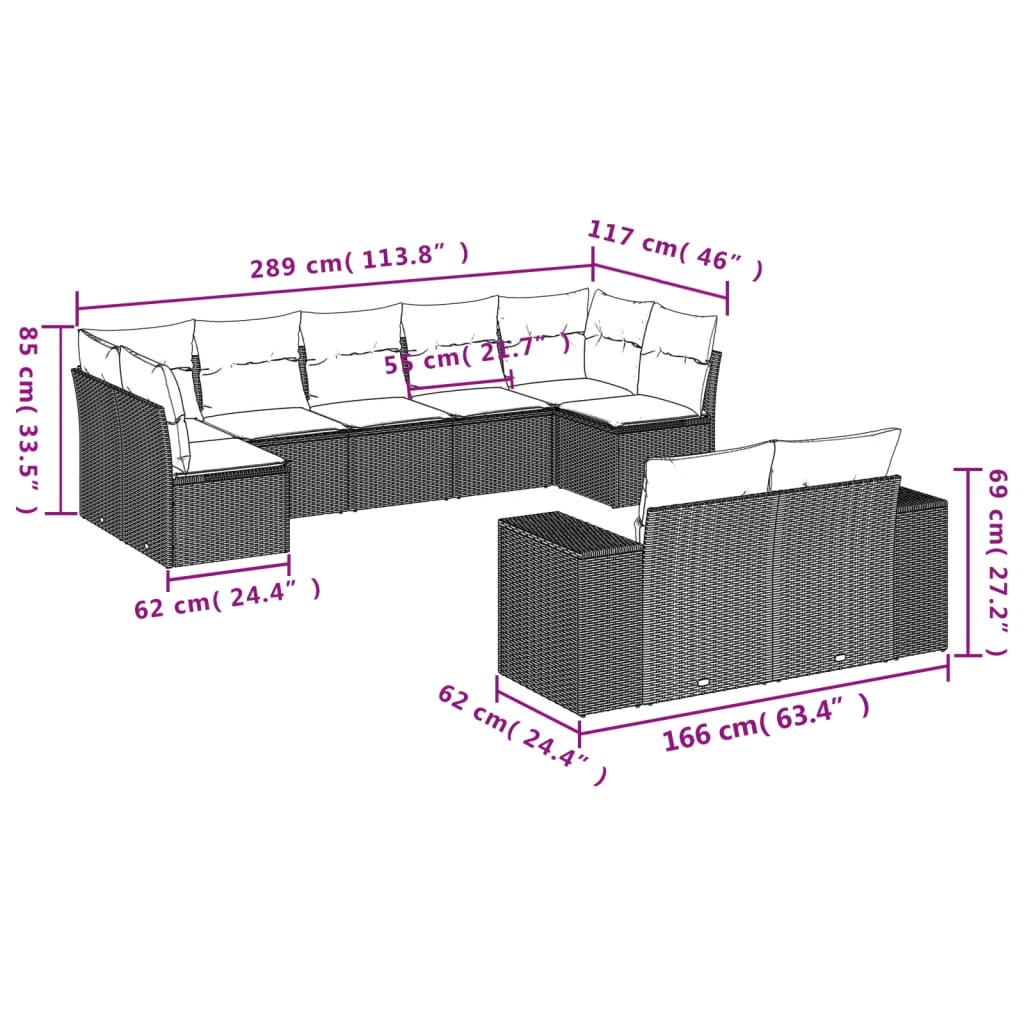 Vidaxl 9-Cz. Gartenmöbel-Set mit Kissen, Beige, Polyrattan