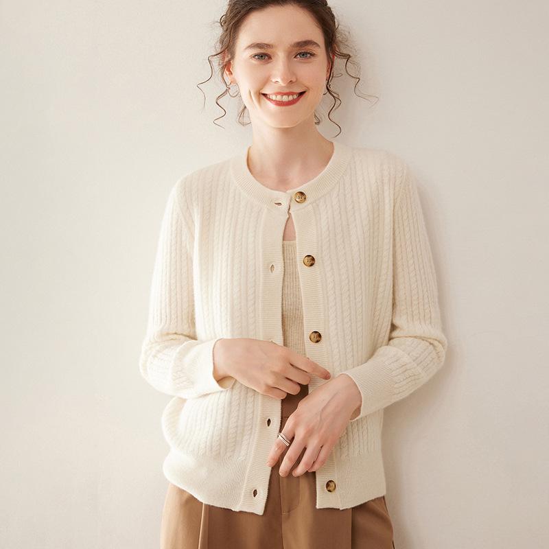Women's Loose Fit Single-Breasted Cashmere Cardigan - Warm, Fashionable, Versatile Round Neck Knit Top