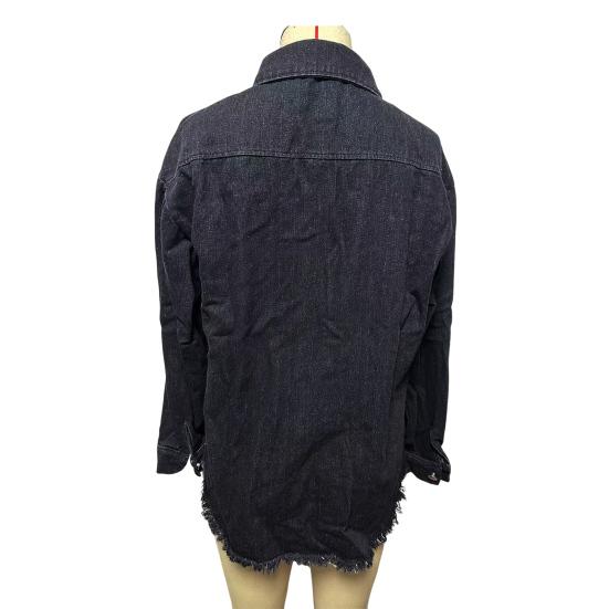 Damen Jeansmantel mit Brusttaschen Umlegekragen Gewaschen Einreihig Reine Farbe Gewischter Rand Lockere Strickjacke Langarmjacke