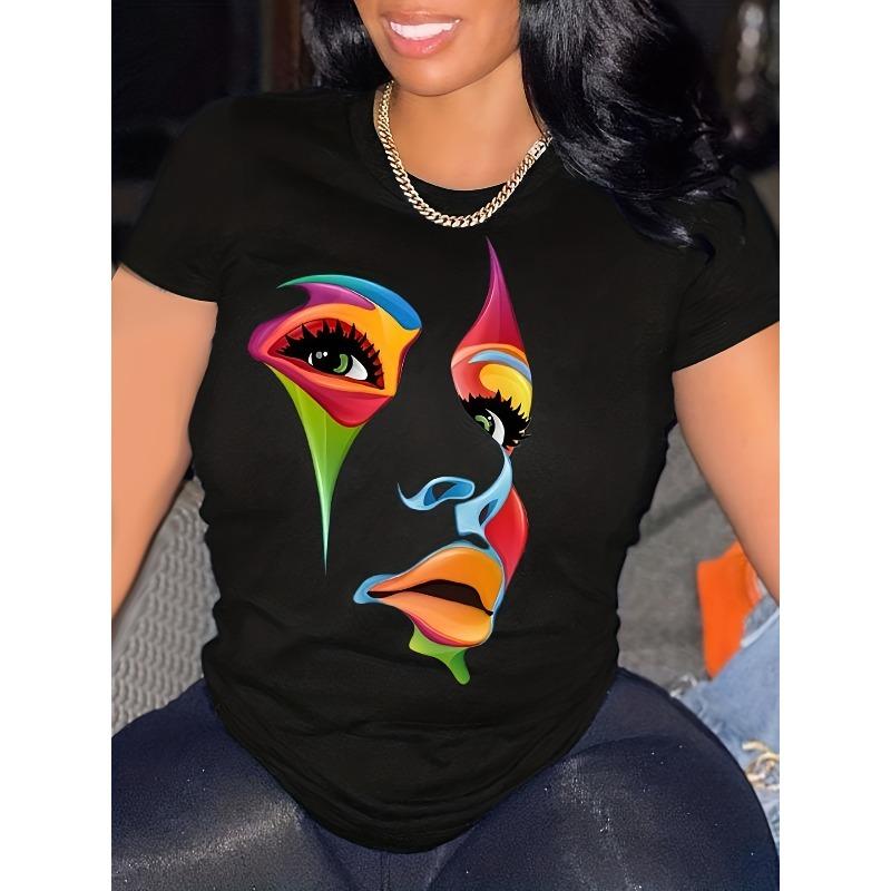 European Size Plus Size Casual T-shirt, Women's Plus Colorful Figure Print Short Sleeve Round Neck T-shirt