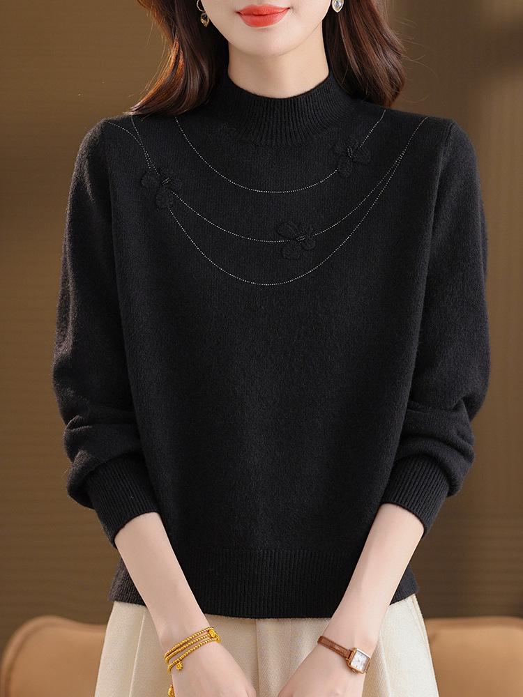 Mom's Winter Knit Half-Neck Sweater for Middle-Aged & Elderly Women - Versatile Autumn/Winter Pullover Top