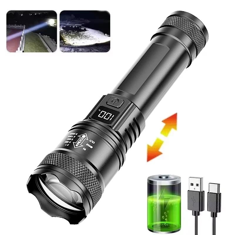 High Power LED Flashlight Type-C Rechargeable Torch 3 Modes Zoom Light Outdoor Waterproof Lantern for Emergencies Camping Hiking