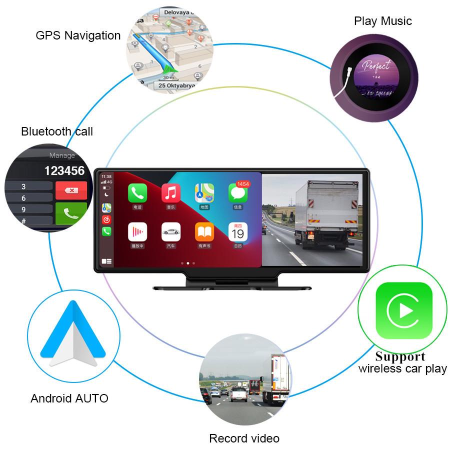 10.26" Car DVR Dual Camera Recording Supports For Wireless Carplay Android Auto