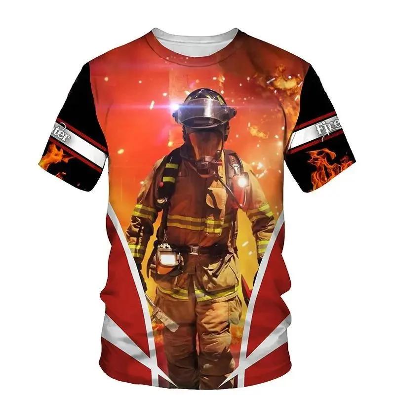 Summer Round Neck 3D Firefighter Print Top Fashionable Casual Short Sleeved Men's T-shirts