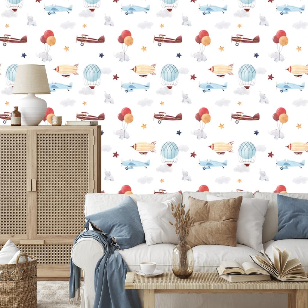 Wallpaper Animals planes balloons clouds for living room and bedroom 50x1000