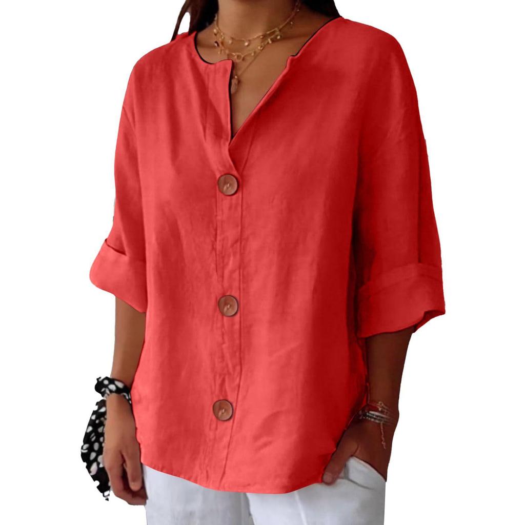 Spring and Summer Loose T-shirt Women's V-neck Cotton and Linen Button Up Top