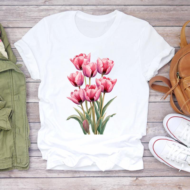 (Asian Size) Women Tee Sweet Flower Style 90s Top Clothing Casual Short Sleeve T Shirt Fashion Print Lady Female Graphic T-shirts